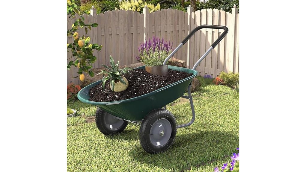 dual wheel green wheelbarrow